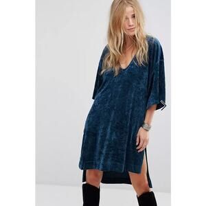 NWT Free People "The Luxe" Teal Blue Crushed Velvet T-shirt Dress Size Small